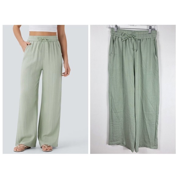 HALARA Pants - Halara Sage Green Wide Leg Pants Tall Size Medium Elastic Drawstring Viscose Mix